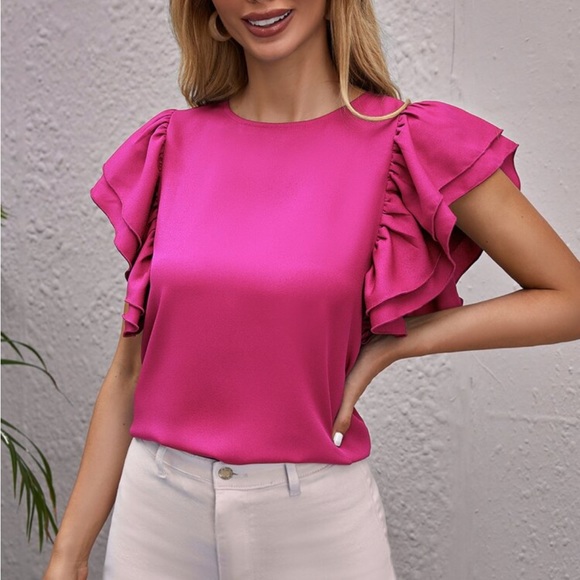 Classic Flutter Butterfly Sleeve Top Blouse Shirt Blue - Picture 7 of 16